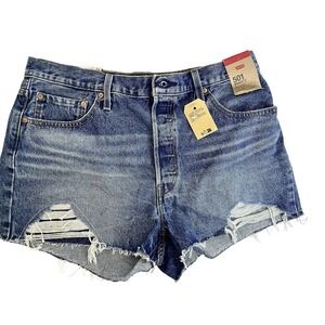 Levis 501 Shorts Womens Large Blue Distressed High Rise Denim Raw Hem‎ Waterless